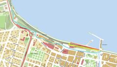 Röd markering visar avspärrat område. Blå markering visar omledning för cykel och gul omledning för gående.