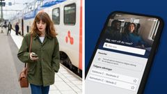 Delad bild. På ena halvan står kvinna på perrong med telefon i hand och med ett Mälartåg i bakgrunden. På andra bilden en telefon med Mälartågs tidtabell på skärmen.