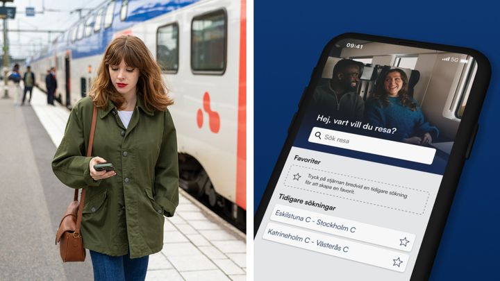 Delad bild. På ena halvan står kvinna på perrong med telefon i hand och med ett Mälartåg i bakgrunden. På andra bilden en telefon med Mälartågs tidtabell på skärmen.