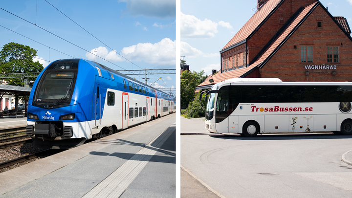 Två sammanfogade bilder på ett blått Mälartåg och en vit buss med logga Trosabussen.