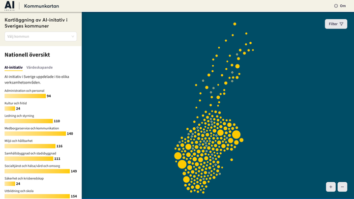 Skärmdump som visar Kommunkartan. Filtermöjligheter till vänster, och en karta över Sverige till höger.