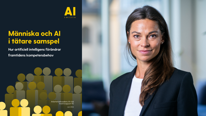 Arbetsmarknadens AI-råds tredje insiktsrapport, Människa och AI i tätare samspel: Hur artificiell intelligens förändrar framtidens kompetensbehov och Moa Tivell, Senior Public Policy Manager på AI Sweden och ansvarig för arbetet med Arbetsmarknadens AI-råd.