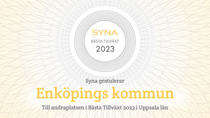 Illustration där Syna gratulerar Enköpings kommun till andraplats i Bästa Tillväxt 2023.