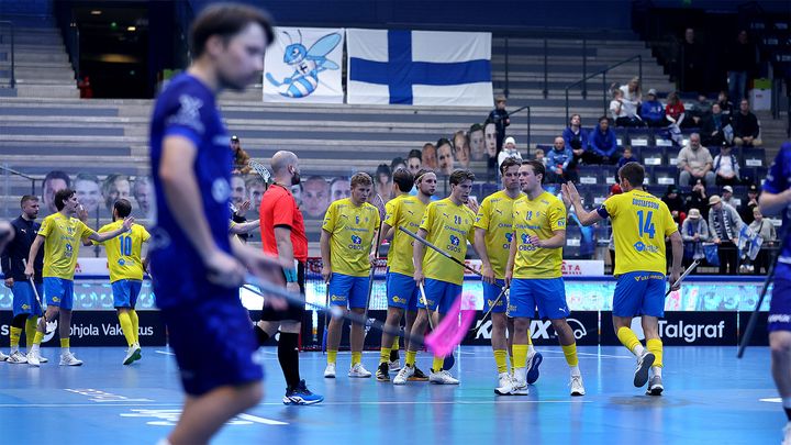 Svenska herrlandslaget firar ett av målen i Euro Floorball Tour-mötet mot Finland.