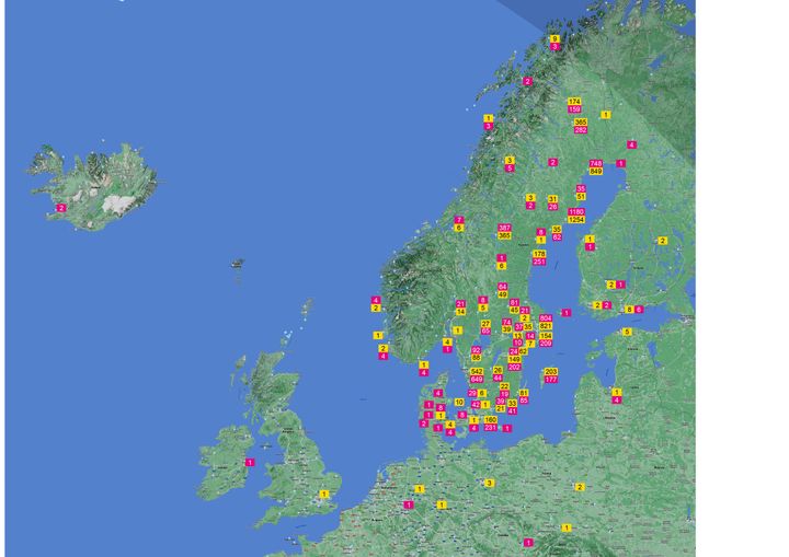 Svenskt Ambulansflyg har under 2023 besökt 39 flygplatser i Sverige och 31 i andra länder. 2023=rosa jämförelse med 2022=gula