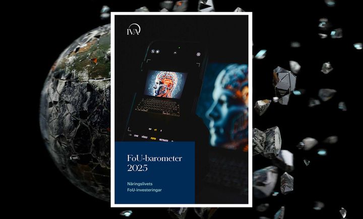 Omslag till IVAs FoU-barometer 2025 med digitala och teknologiska motiv i bakgrunden.