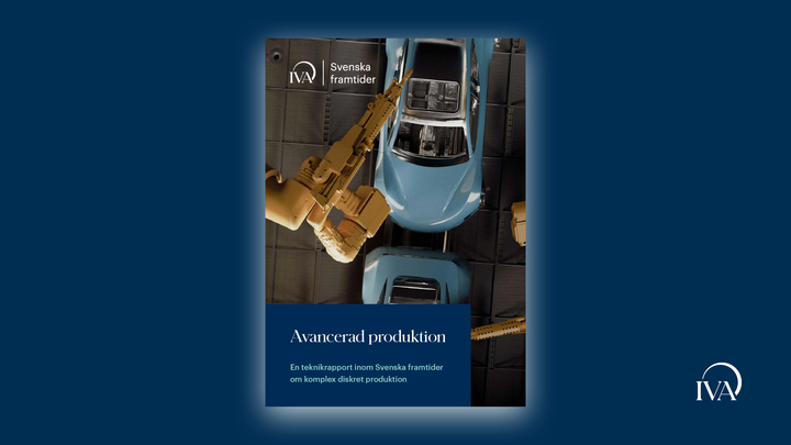 Alt-text: Omslag av IVA-rapporten "Avancerad produktion" med bild av industrirobotar som arbetar med en bil.