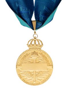 En guldmedalj med texten "IVAs" och inskription för "framstående gärning", hängande från ett blått band.