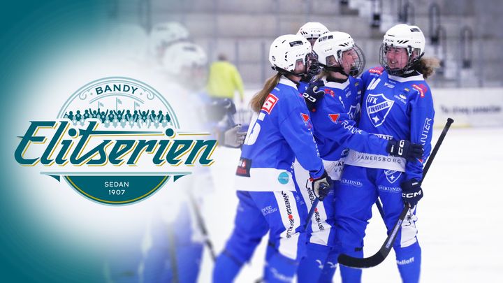 Alt-text: Grupp av kvinnliga bandyspelare från IFK Vänersborg omfamnar varandra på isen. Logotyp för Elitserien till vänster.