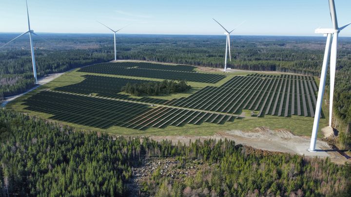 Visualisering av solpark i befintlig vindpark i Skåramåla, Tingsryds kommun