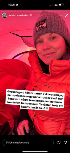 Instagrampost från första natten i -31 minusgrader och test av Lundhags nya dunjacka.
