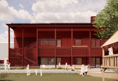 Illustration av en röd byggnad med människor i förgrunden under en blå himmel med moln.