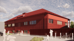 Illustration på en röd byggnad med rött tak och röd fasad, omgiven av människor och cyklar.