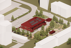 Illustration av en modern, röd byggnad med solpaneler på taket, omgiven av träd och gångvägar.