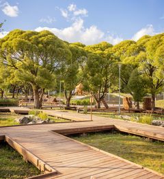 En skolgård med trä gångvägar omgivna av träd och grönska, samt olika lekområden i bakgrunden.