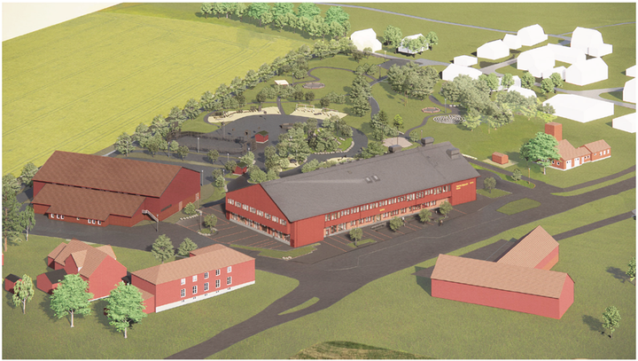 Illustration över en ny, röd skola som ska byggas i en lantlig miljö.