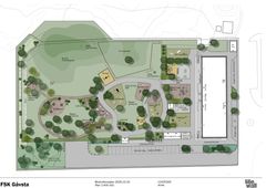 Illustrerad planritning av Gåvsta förskola med rymlig grön gård, nyplanteringar och lekutrustning.