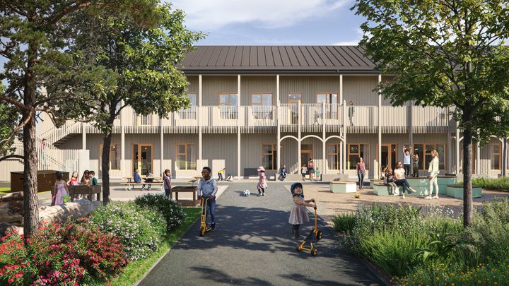Illustration av Gåvsta förskola med barn som leker i den nybyggda och gröna utemiljön.
