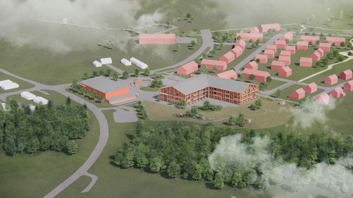 Illustration av framtida Bälinges skola med idrottshall och omgivande byggnader vid Ekebykorset.