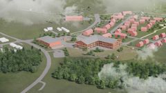 Alt-text: Illustration över Bälinge nya skola med omgivande byggnader och skog.