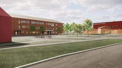 Illustration av en modern skolbyggnad omgiven av grönska och cykelställ.
