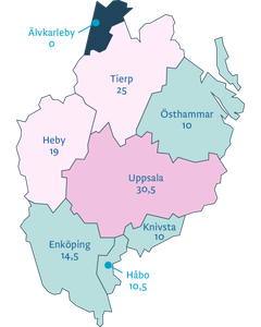 Kommunernas klimatanpassningsarbete poängsatt av Svensk försäkring/IVL. Genomsnitt för länet är 17,1  poäng. 0 poäng = inte deltagit i enkäten.