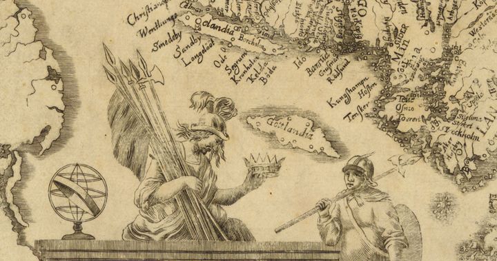 Detalj av konstnärligt utförd karta över Skandinavien från 1680