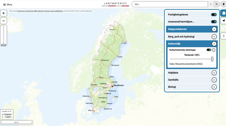 Kartvyn på Lantmäteriets e-tjänst "Min karta". Under lagret Kartor, Bakgrundkartor så hittar du nu även Riksantikvarieämbetets kulturmiljöinformation i tjänsten. Fotograf/Källa: Min karta