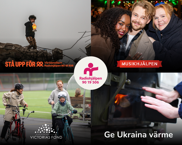 En bildkollage med fyra delar: en person på en klippa, två personer vid en musikfestival, personer som cyklar, och en hand som värmer vid en eld. Centralt står det "Radiohjälpen 90 19 506".