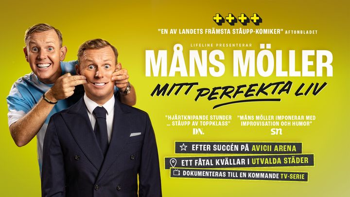 Affisch för "Måns Möller - Mitt perfekta liv", spelas i utvalda städer under hösten 2026.