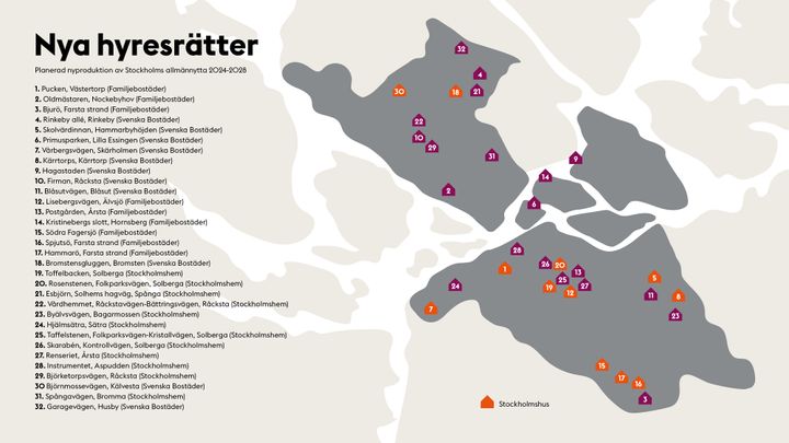 Karta över planerad nyproduktion av Stockholms Allmännytta 2024-2028
