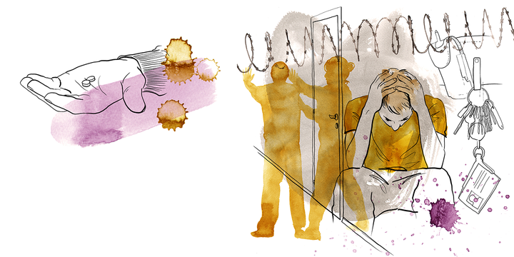 Illustration: Öppen handflata håller två små runda vita piller. En ung människa sitter med huvudet i händerna. Ovanför huvudet finns taggtråd. I bakgrunden pågår en kroppsvisitation av en annan ung människa.