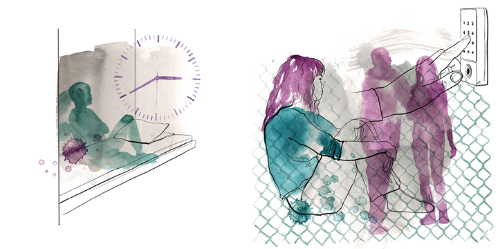 Silhuett av ungdom som sitter på madrass i sparsmakat inrett rum. En stor urtavla i förgrunden. En annan ungdom sitter ihopkurad. En vuxen leder bort en ungdom. Hand trycker på någon form av kodlås med siffror. Illustration.