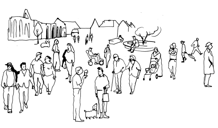 Svartvit illustration av silhuetter av människor som är ute och rör sig i stadsmiljö. Någon äter glass, några pratar, någon bär på ett litet barn. Någon drar på en barnvagn medan en annan tar sig fram med käpp och så vidare. Husfasader i bakgrunden. (Ilustration).