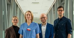Medlemmar i projektgruppen bakom Cancerfondens nya pilotsatsning tillsammans med Karolinska Universitetssjukhuset. Från vänster: Louise Christiansson Ljungren, KS, Kristina Sonnevi KS, Andreas Hörnell, KS och Johan Gómez de la Torre, Cancerfonden. Foto: Albin Håkansson Cancerfonden