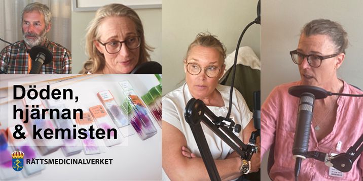 Bilden visar fyra människor som deltar i en inspelning av en podcast med mikrofoner. Texten "Döden, hjärnan & kemisten" och Rättsmedicinalverkets logotyp syns.