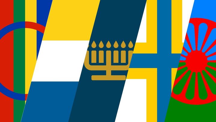 Kollage av flaggor från minoriteterna samer, tornedalingar, judar, sverigefinnar och romer.