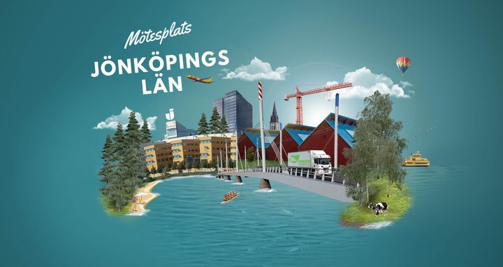 Illustration som visar diverse sevärdheter inom Region Jönköpings län.