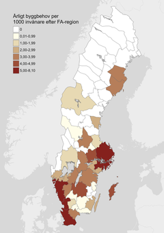 En karta som visar var det behövs nya bostäder i landet