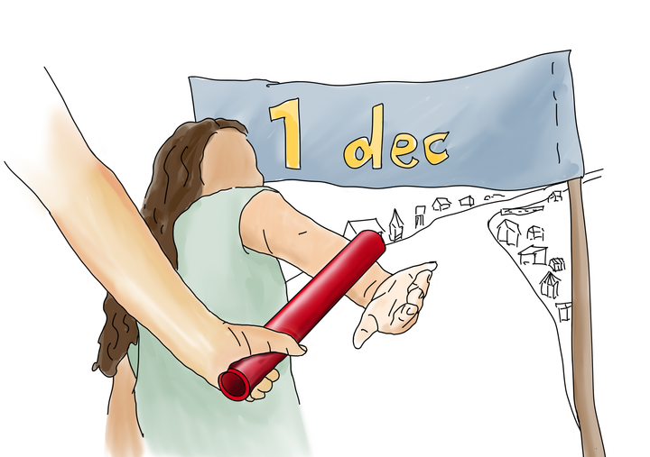 Illustration perspn tar emot en stafettpinne.