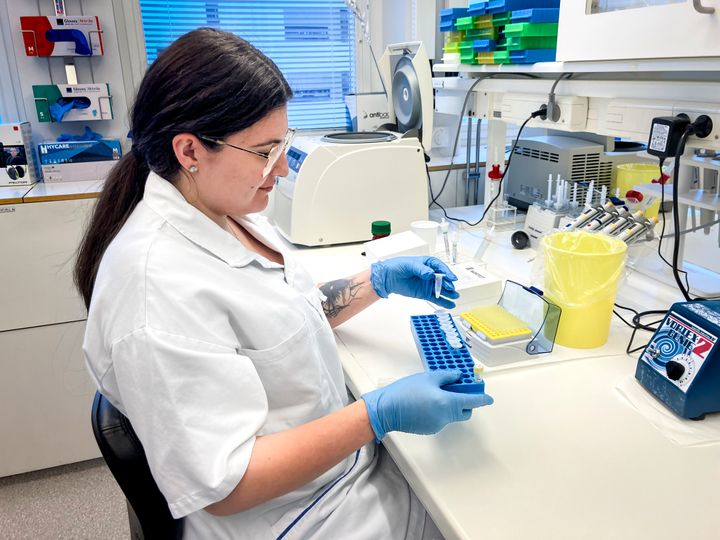 Cristina Petre, biomedicinsk analytiker på masspektrometrisektionen, förbereder proverna för analys.