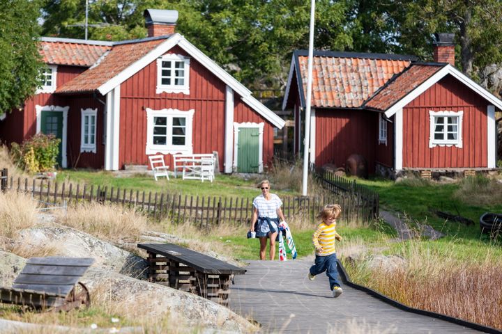 Bilden visar en sommarstuga med röda hus