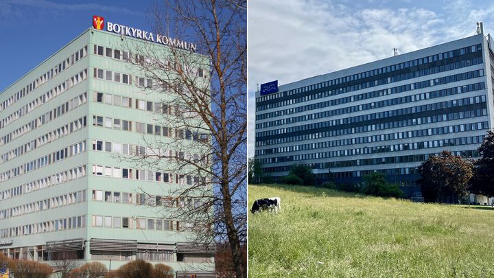 Två stora byggnader, en med texten "Botkyrka kommun" och den andra med texten "Alfa Laval".