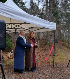 Två personer står under ett tält i skogen, verkar glada och håller i ett föremål tillsammans.