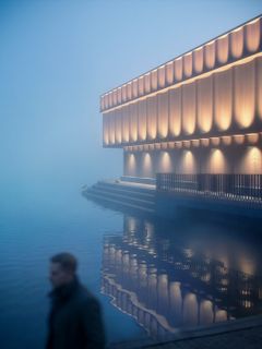 Belysningen är integrerad i fasadens struktur, där ljuset rör sig subtilt som  ett musikaliskt pulsslag. På natten förvandlas byggnaden till en lysande fyrbåk – en symbol för musikens närvaro och stadens kulturella liv.