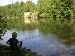 Pojke sitter vid en sjö och fiskar, omgiven av grönskande träd i en bergtäkt