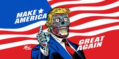 Tecknaren Mitch O’Connell avporträtterade 2017 Trump på en falsk val affisch som ett zombielikt monster som leder tankarna till mexikanska calavera – de färggranna dödskallar som cirkulerar främst på de dödas dag.