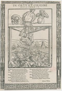 ”Om munkars källa och ursprung” från 1545 av Lucas Cranach d.ä. visar djävulen som sitter på en galge och tömmer sin tarm. Ut kommer en hel hög munkar.