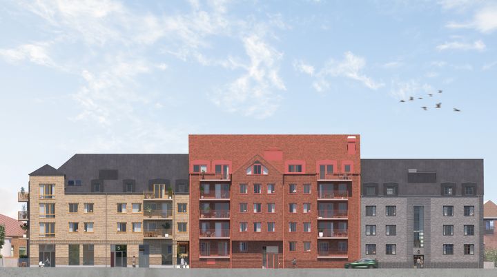Fasadillustration mot Trädgårdsgatan inom kv Hästen i centrala Laholm. Här kommer 83 lägenheter, lokaler och underjordiskt garage att byggas.