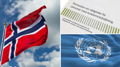 Bilden visar norska flaggan, funktionsrättskonventionens framsida och FN:s logga